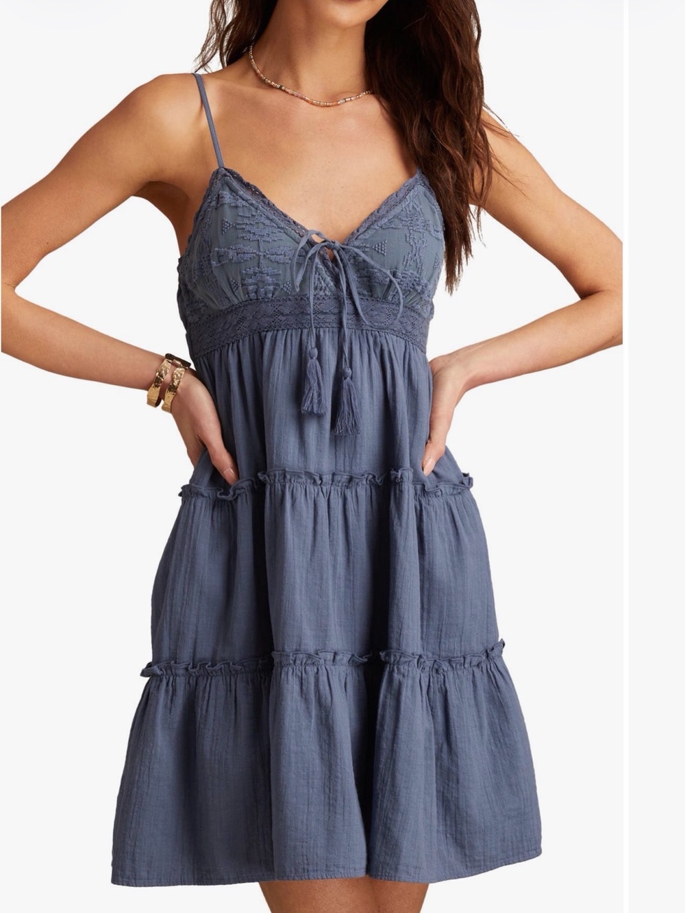 Lucky Brand Blue Boho Tiered Midi Dress Lace Crochet Size Large L